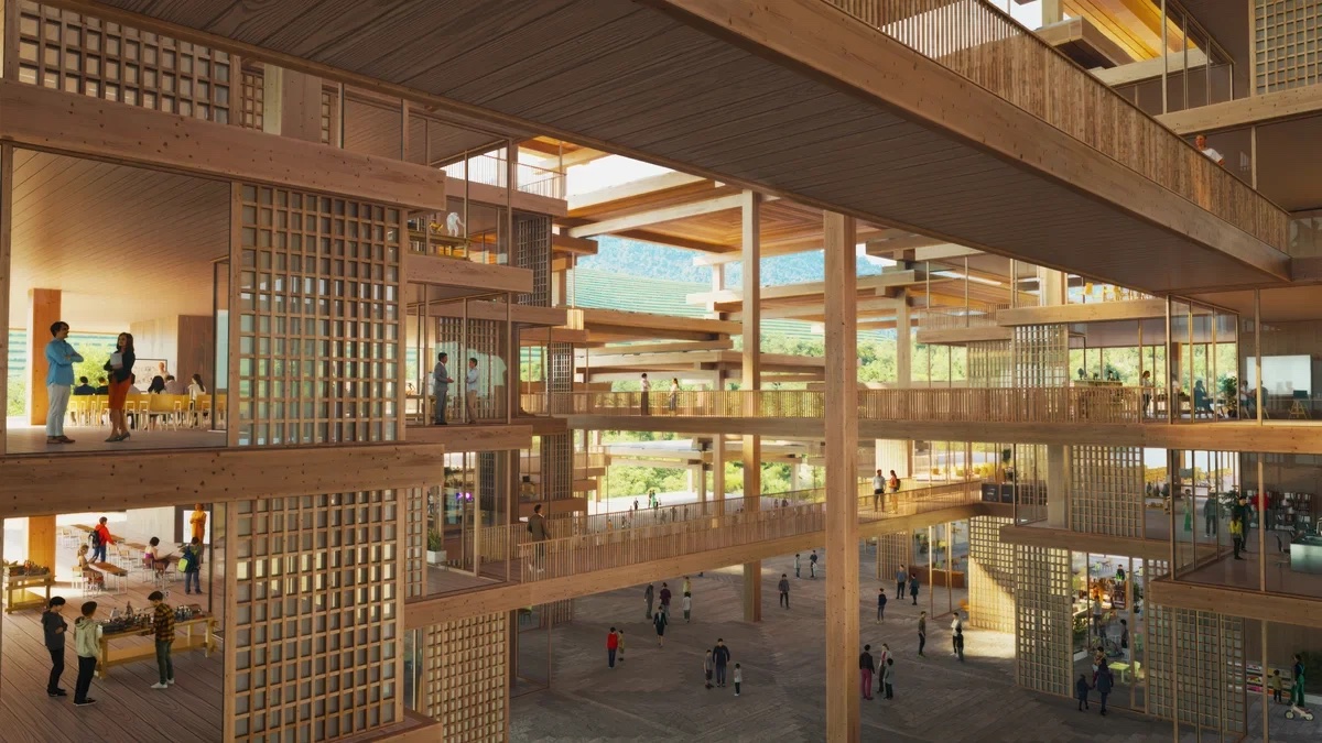 Rendering of a multi-storey timber atrium with open walkways and lattice screens, people moving between levels, forested hills beyond.