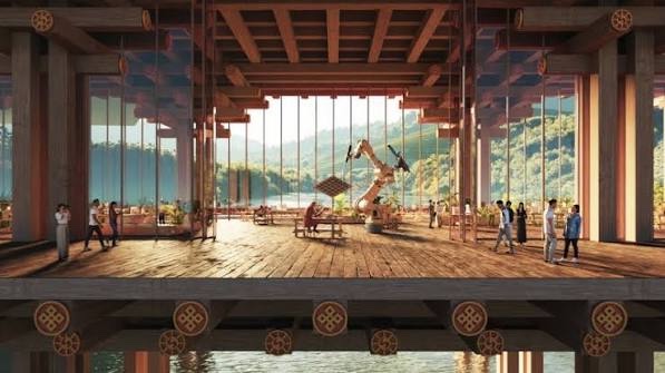 Rendering of an open timber pavilion with a robotic arm at work, glass walls and wooded hills over the water.